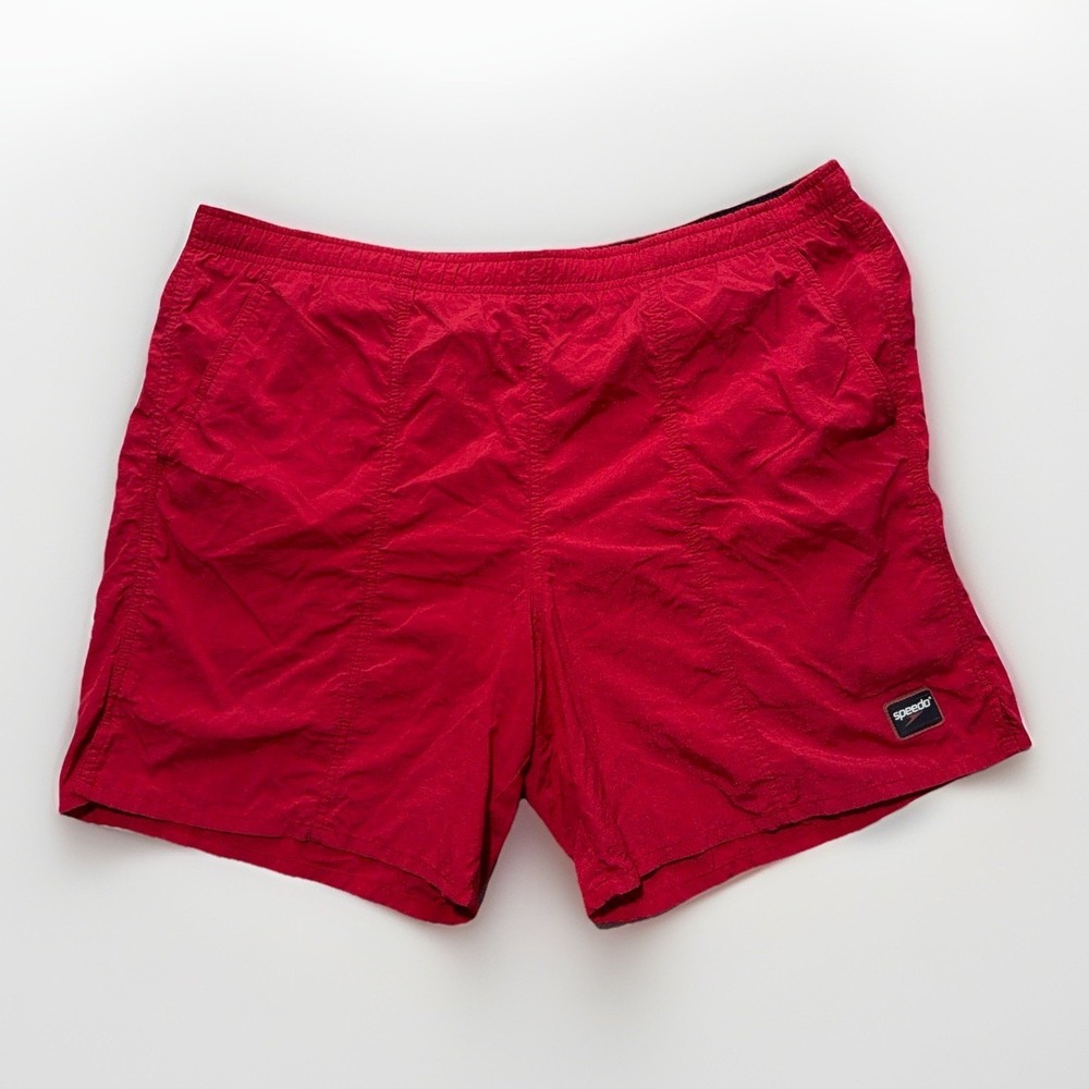Speedo Mens Swim Trunks L Red Mesh Lined Nylon Board Y2k Beach Running Shorts